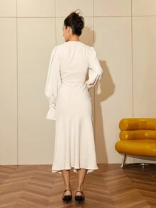 Đầm dài tay cổ chữ V màu trơn dáng đuôi cá dành cho nữ, đầm dạ hội thanh lịch, trang phục đi nghỉ mát, dự tiệc, áo Abaya, trang phục công sở thường ngày mùa xuân. - Màu be - Xem 2