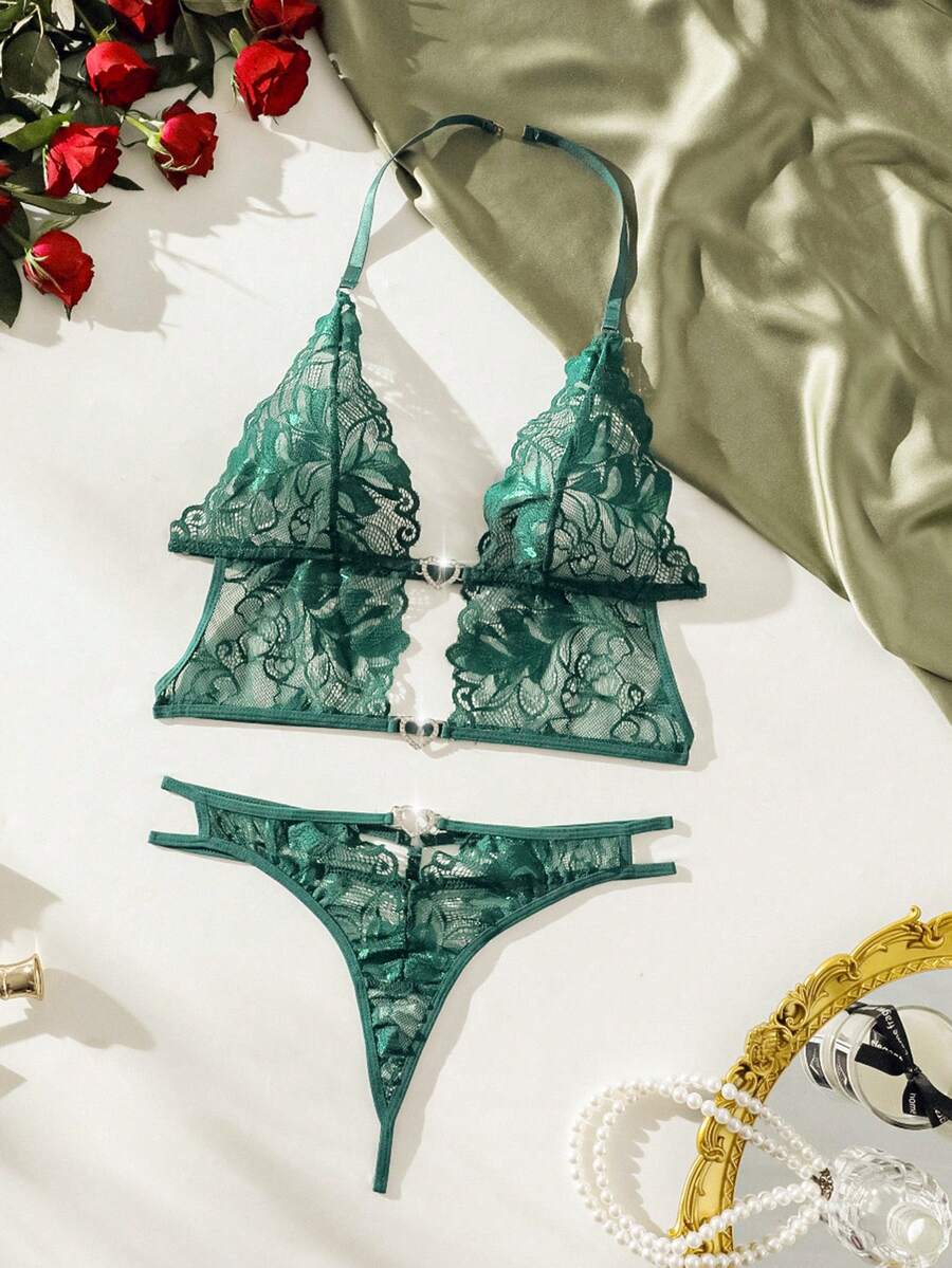SHEIN Set de lencería con encaje floral con abertura - Verde Oscuro - Ver 1