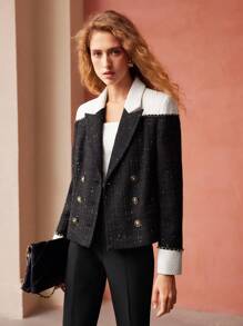 MOTF PREMIUM TWO-TONE CHAIN DETAIL TWEED BLAZER - Black and White - View 7