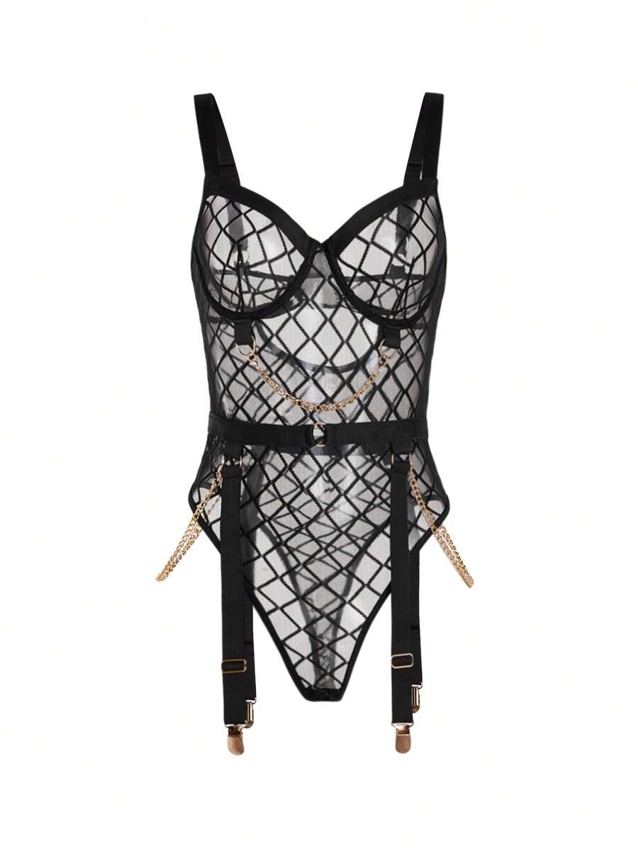 Chain Linked Cut-Out Underwire Teddy Bodysuit Lingerie - Black - View 1