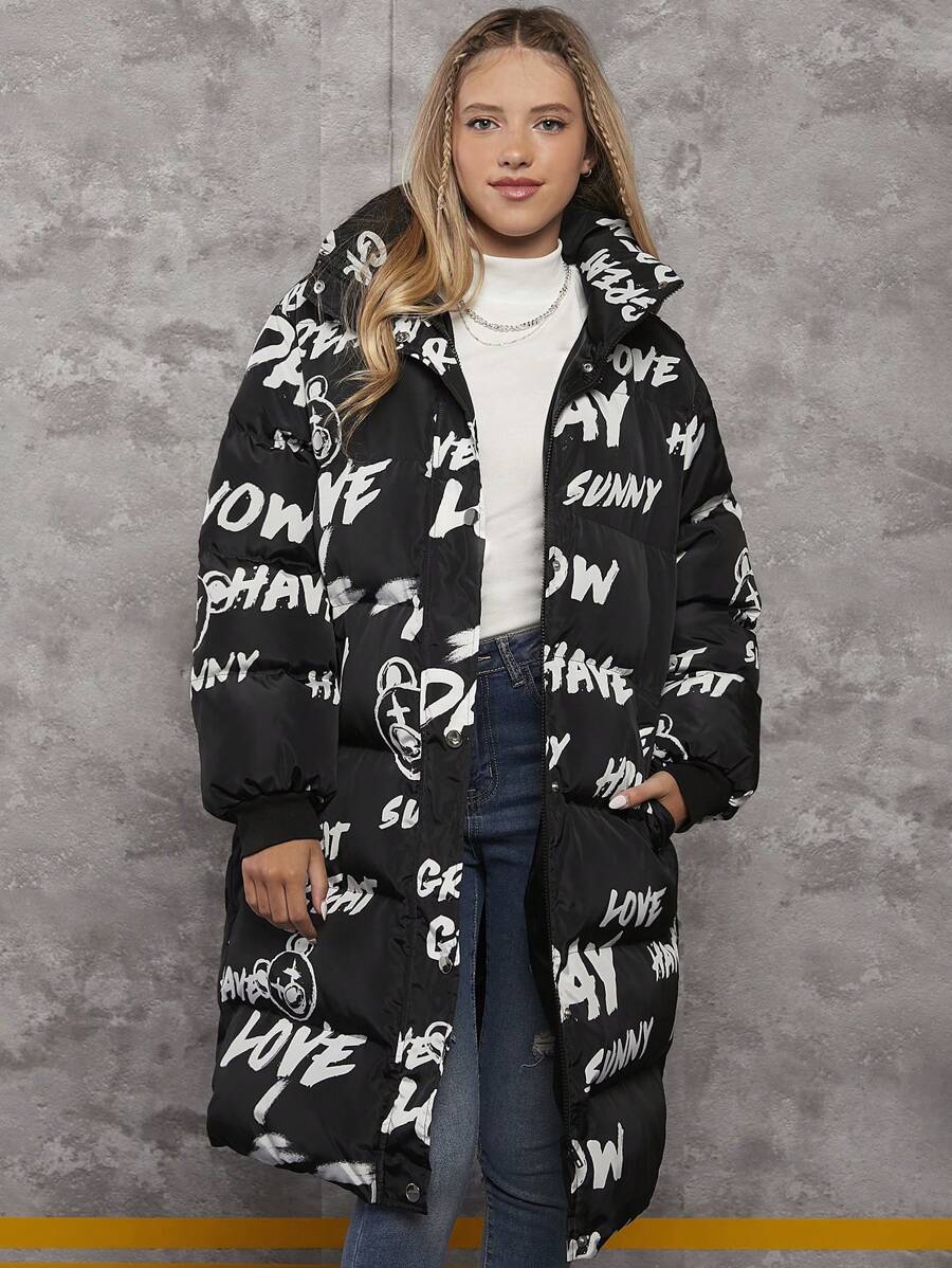 Áo khoác đệm vai thả họa tiết chữ cho bé gái tuổi teen - màu đen - Xem 1