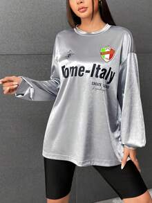 SHEIN EZwear Letter Graphic Drop Shoulder Tee - Silver - View 3