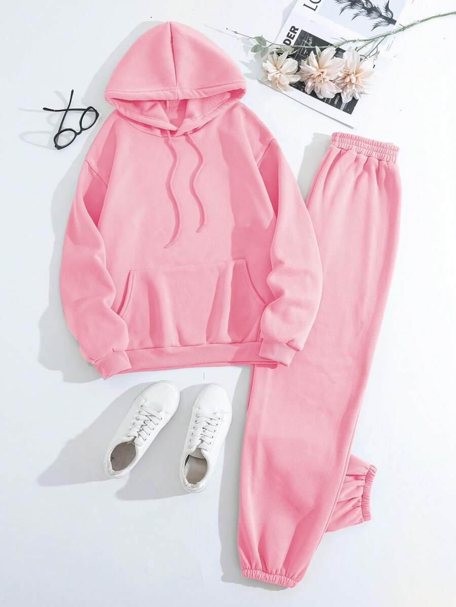 INAWLY Kangaroo Pocket Drawstring Thermal Lined Hoodie & Sweatpants,Ladies Casual Drawstring,Pocket Wrist-Length Sleeve Regular Fit Pink Drop Shoulder Sweatshirt Sweatpants Women Two-Piece Outfits,Spring/Fall,Casual Daily Wear - Pink - View 1