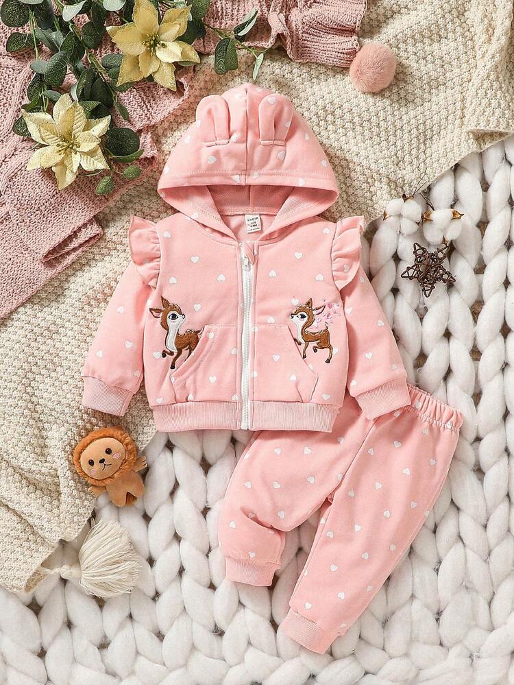 女嬰心和獨角獸印花荷葉邊連帽衫和運動褲 - 粉色 - 查看 1