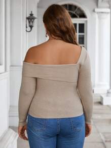 SHEIN Clasi Plus Asymmetrical Neck Ribbed Knit Sweater - Apricot - View 2
