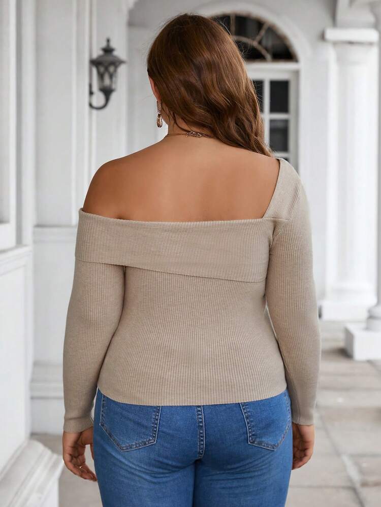 Plus Asymmetrical Neck Ribbed Knit Sweater