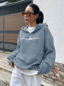 DAZY 字母刺绣落肩四分之一拉链羊毛连帽衫（不含 T 恤），秋季女装运动衫