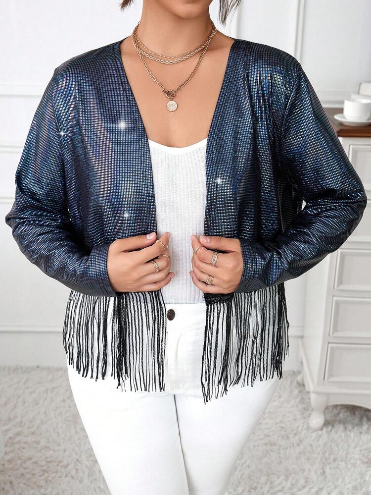 Plus Fringe Hem Open Front Jacket Fall Cloth For Women