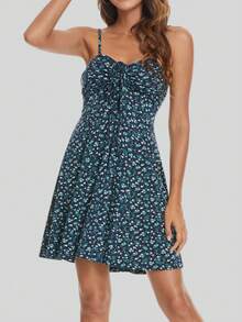 小碎花正面花卉抽繩吊帶洋裝 - 綠色 - 查看 5