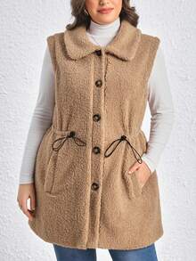 SHEIN LUNE Plus Drawstring Waist Teddy Vest Coat - Khaki - View 3