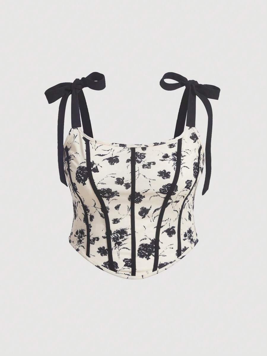 SHEIN MOD 加大花卉印花系带肩带宽肩带上衣 - 彩色 - 查看 1