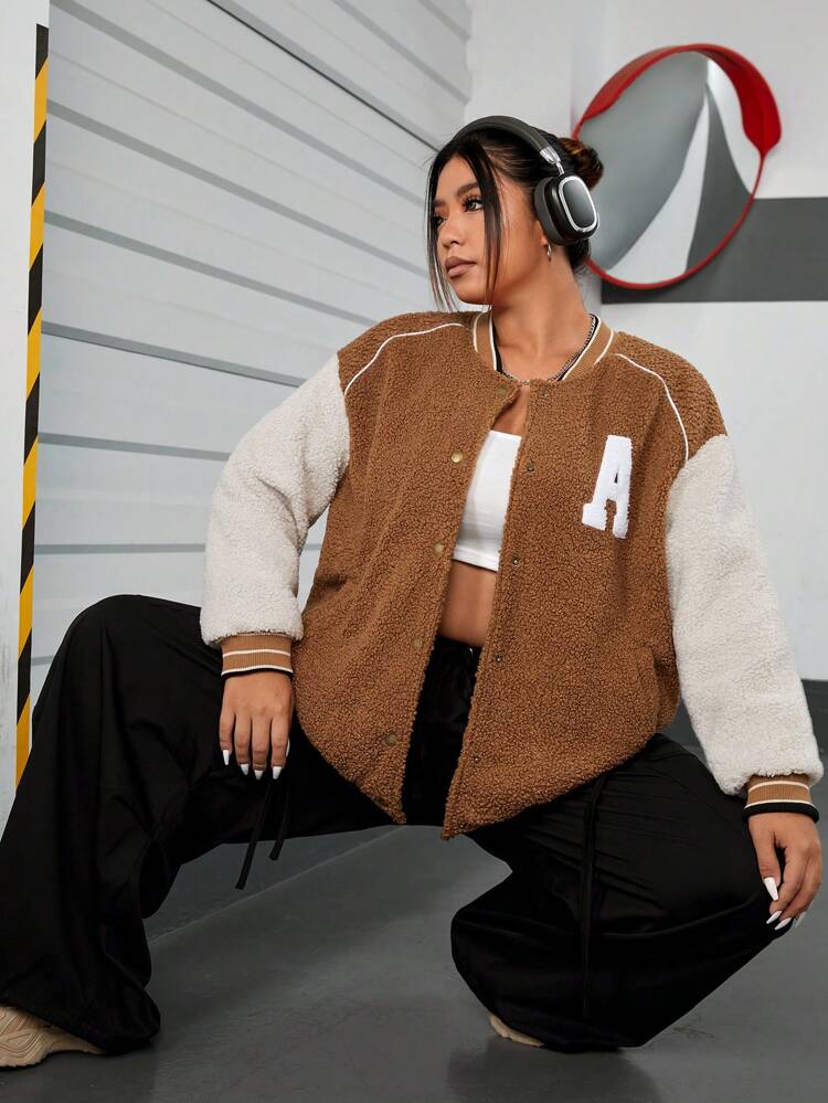 Plus Letter Patched Striped Trim Drop Shoulder Teddy Bomber Jacket