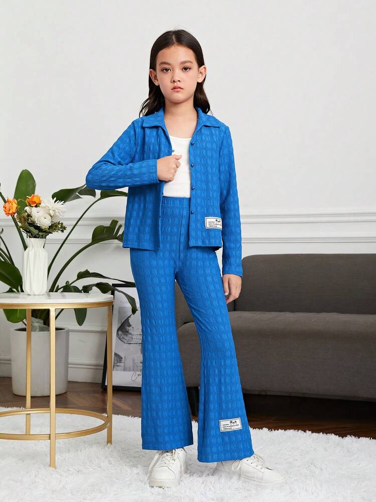 Tween Girl Letter Patched Detail Blouse & Pants