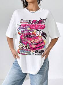 SHEIN EZwear Áo thun tay ngắn cổ tròn rộng rãi họa tiết xe đua đơn giản & giản dị dành cho nữ, phù hợp cho mùa xuân và mùa hè - trắng - Xem 4