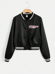 The Powerpuff Girls | ROMWE Cartoon Graphic Striped Trim Bomber Jacket - Black - View 2