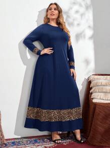 Mulvari 大碼豹紋印花A字洋裝 - 藏蓝色 - 查看 1