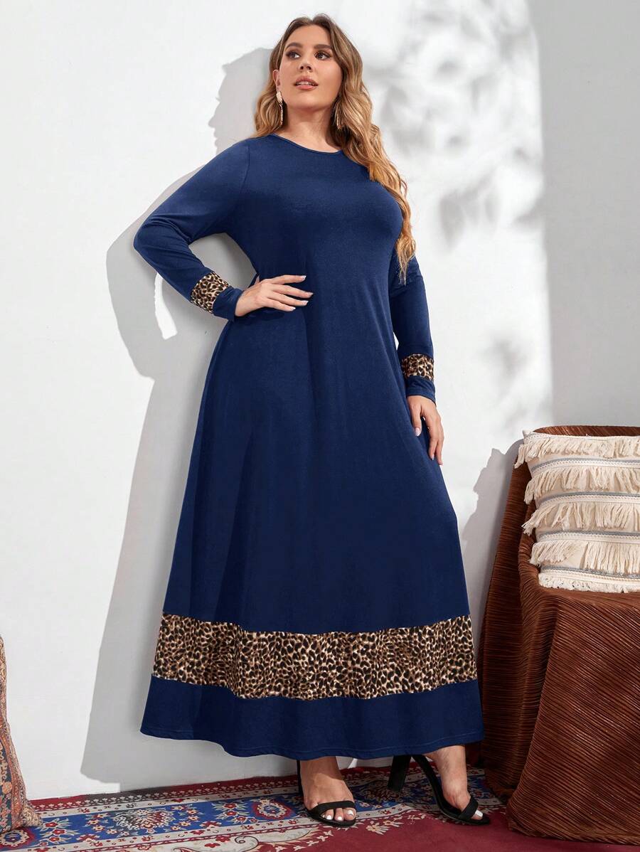 Mulvari 大碼豹紋印花A字洋裝 - 藏蓝色 - 查看 1