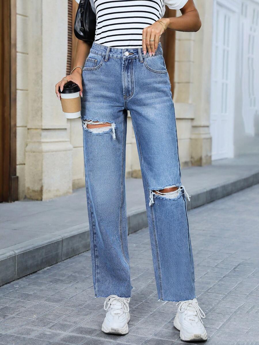 SHEIN Privé Rách Quần legging thẳng - Rửa trung bình - Xem 1