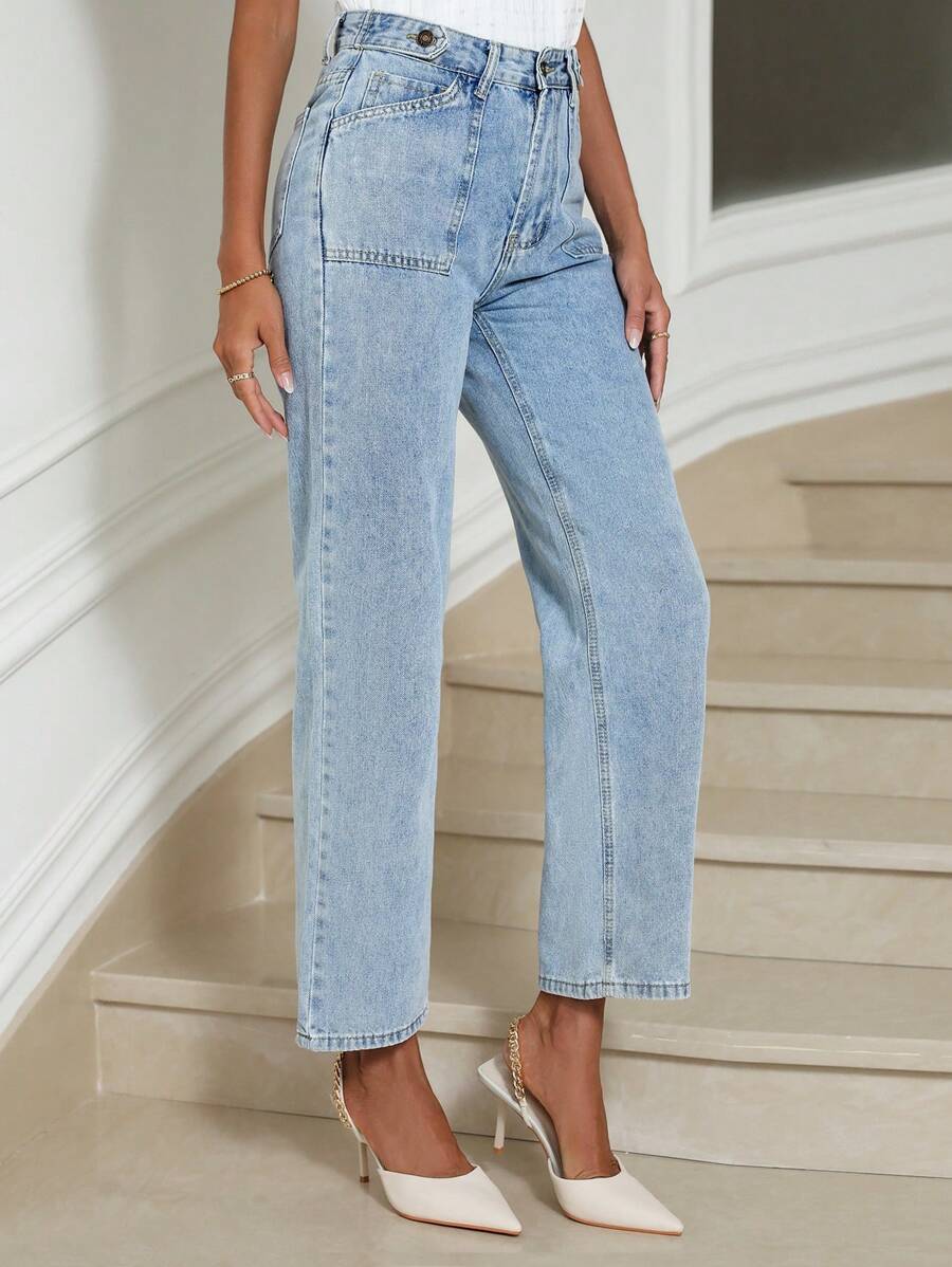 SHEIN Privé High Waist Straight Leg Jeans - Blue - View 1