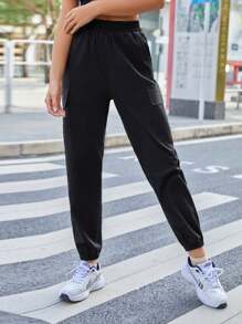 SHEIN Unity Elastic Waist Slant Pocket Cargo Pants - Black - View 3
