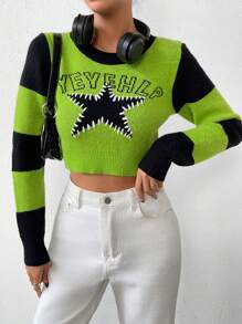 SHEIN Unity Star & Letter Pattern Colorblock Crop Sweater - Green - View 1