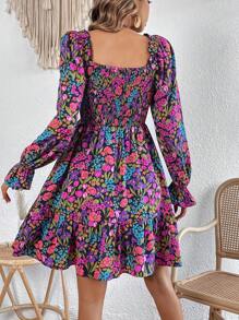 SHEIN VCAY Allover Floral Print Flare Sleeve Ruffle Hem Dress - Multicolor - View 2