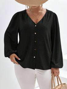 SHEIN Frenchy 大碼網眼刺繡燈籠袖前紐扣襯衫 - 黑色 - 查看 1