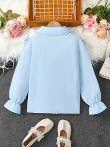 SHEIN 女大童拼接網眼刺繡荷葉邊荷葉袖襯衫 - 藍色 - 查看 2