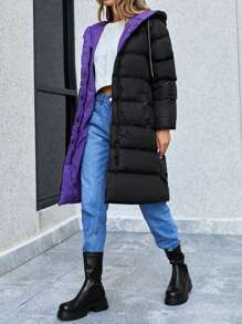 SHEIN Cottnline Two Tone Zip Up Hooded Puffer Coat - Black - View 5