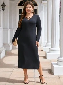 SHEIN Clasi 大碼交叉前開衩大腿洋裝 - 黑色 - 查看 5