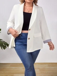 SHEIN Privé Plus Striped Print Shawl Collar Blazer - White - View 4