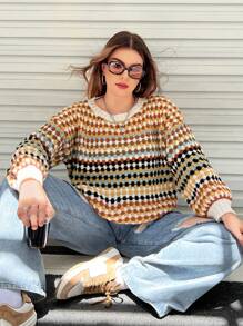 Flirla 加码菱格纹落肩毛衣，适合冬季针织套头衫和秋季毛衣 - 彩色 - 查看 3