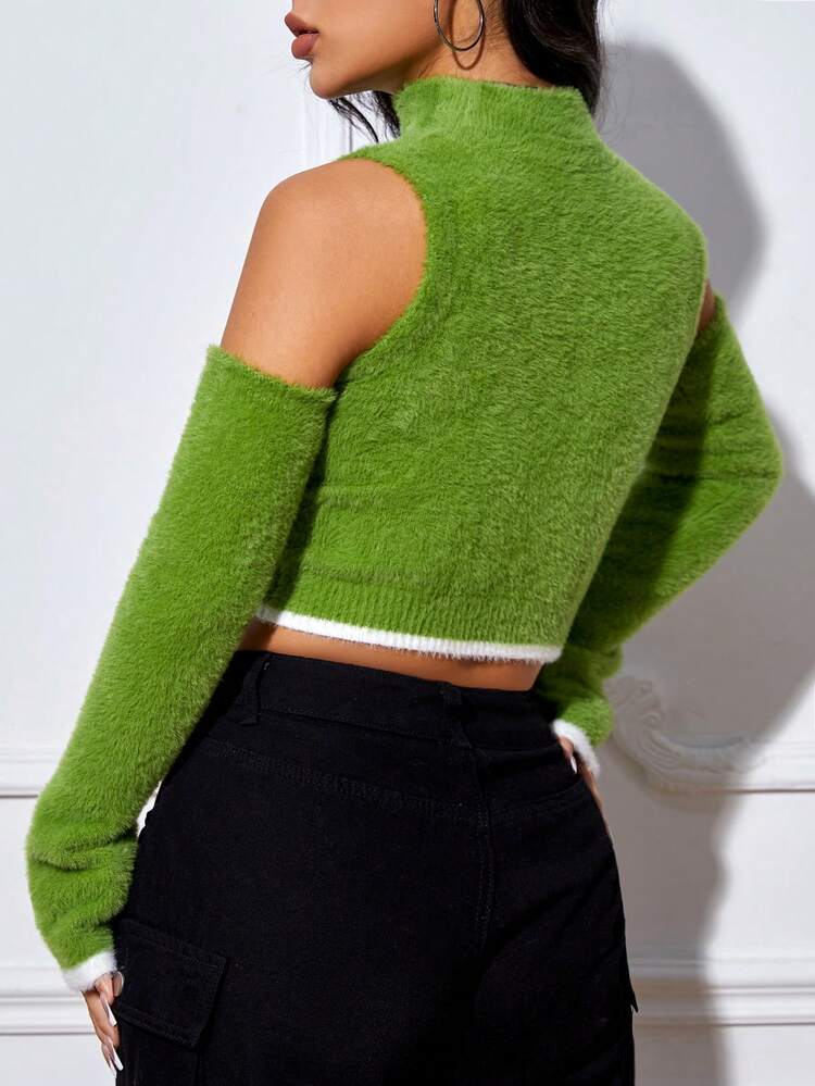 Cut Out Front Cold Shoulder Contrast Trim Crop Sweater
