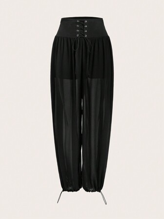 Pantaloni con lacci ampia fascia in vita orlo con coulisse