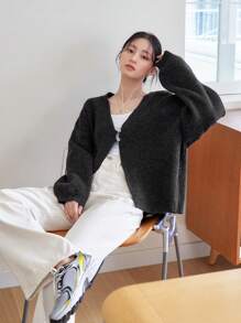 DAZY Button Front Drop Shoulder Cardigan - Dark Grey - View 4