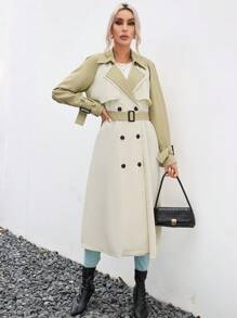 SHEIN Essnce 雙色雙排釦腰帶風衣外套 - 卡其色 - 查看 7