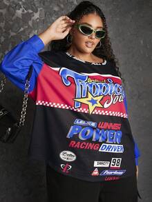 SHEIN CURVE+ 大碼字母圖案撞色落肩袖運動衫 - 彩色 - 查看 3