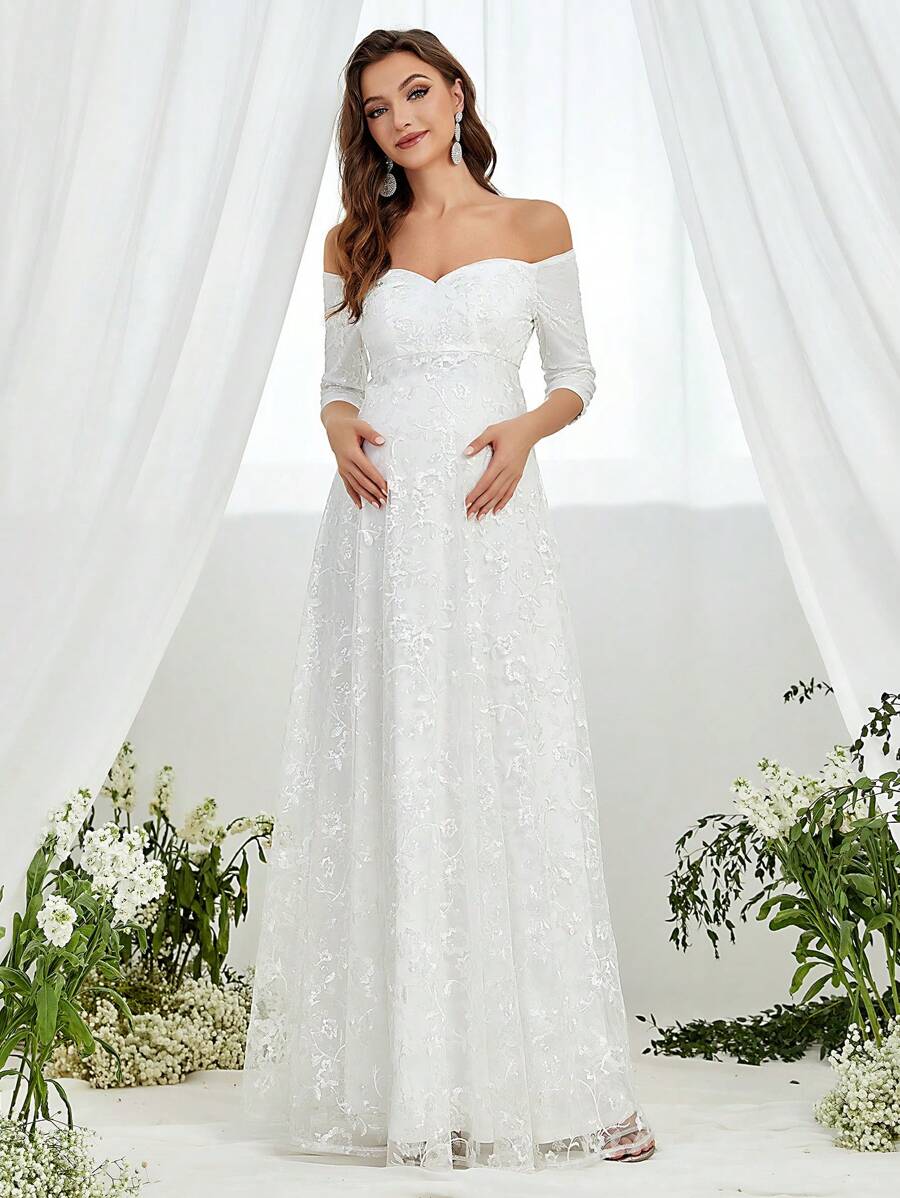 Maternity Off Shoulder Lace A-Line Elegant Dress, For Party - White - View 1
