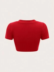 SHEIN EZwear 素色雞心領口短款T恤 - 紅色 - 查看 2