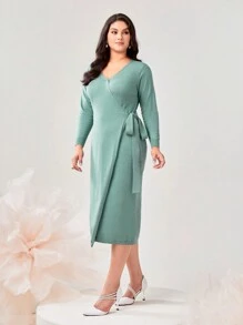 Modelyn Plus Wrap Knot Side Ribbed Knit Sweater Dress - Mint Green - View 1