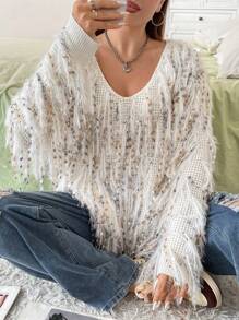 Flirla 冬季加流苏落肩毛衣 - 白色 - 查看 7