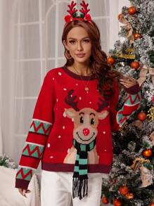 SHEIN LUNE Christmas Pattern Drop Shoulder Sweater - Multicolor - View 6