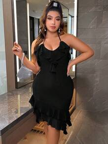 Celure Plus Ruffle Trim Tie Backless Halter Neck Asymmetrical Hem Dress - Black - View 1
