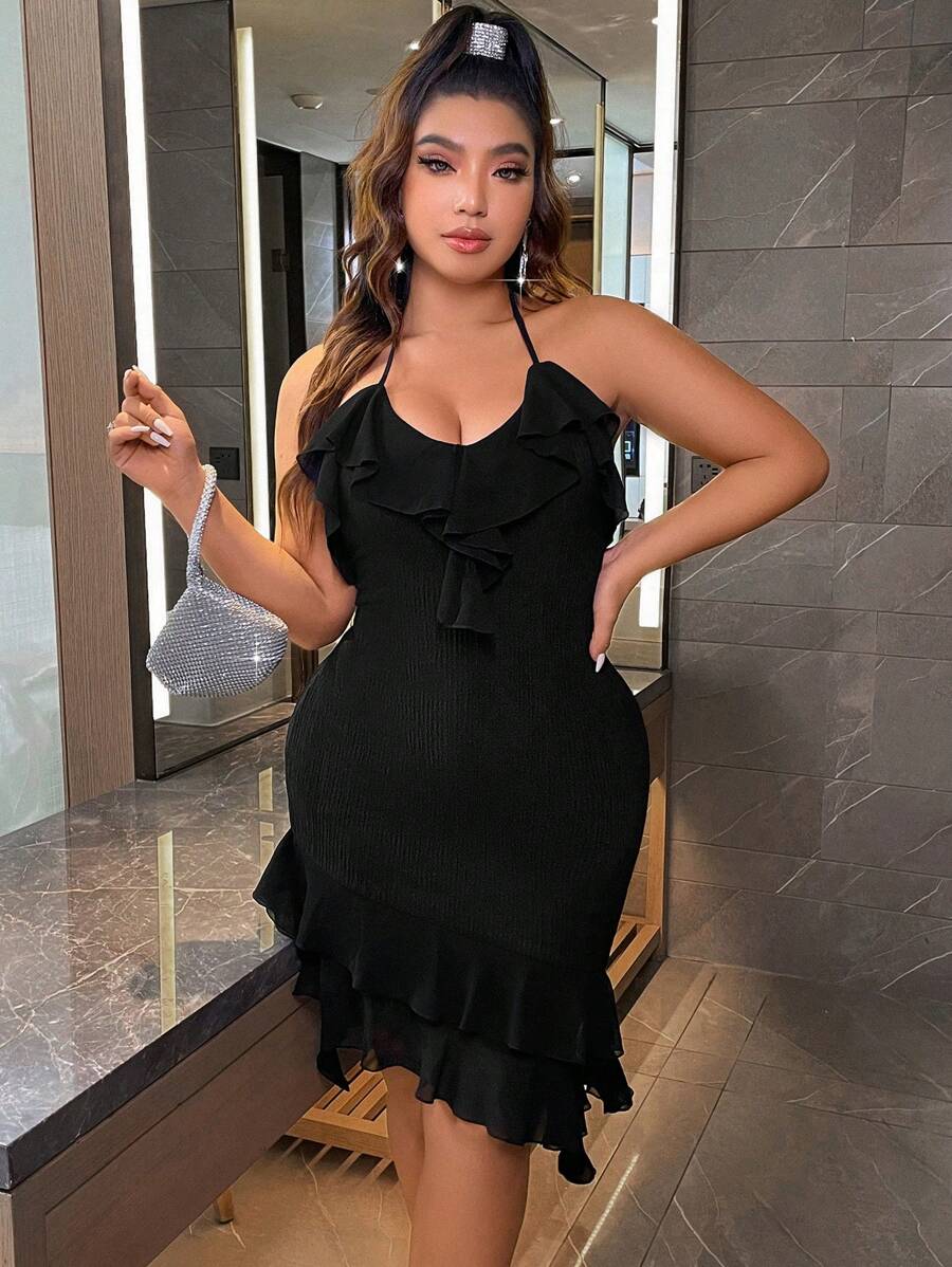 Celure Plus Ruffle Trim Tie Backless Halter Neck Asymmetrical Hem Dress - Black - View 1