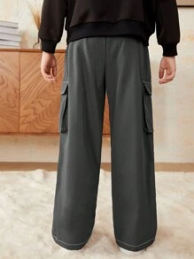 SHEIN Tween Boy Letter Graphic Flap Pocket Side Cargo Pants - Grey - View 2