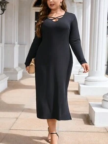 SHEIN Clasi 大碼交叉前開衩大腿洋裝 - 黑色 - 查看 6