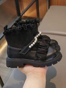 秋冬新款女童時尚中筒靴,防滑外底,襪狀設計,平底,適合兒童和青春期前兒童,pu 皮革製成