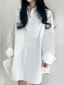 Casual Versatile Solid Color Loose Fit Drop Shoulder Women Shirt - White - View 3