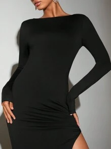 SHEIN BAE Solid Split Thigh Backless Bodycon Dress - Black - View 4