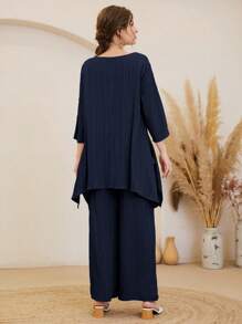 Mulvari Solid Asymmetrical Hem Top & Wide Leg Pants 2 Piece Set - Navy Blue - View 2